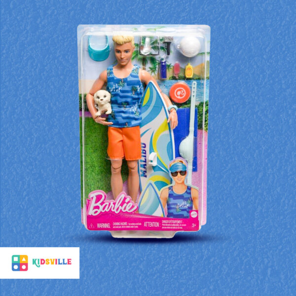 Barbie Ken Doll with Surfboard and Pet Puppy